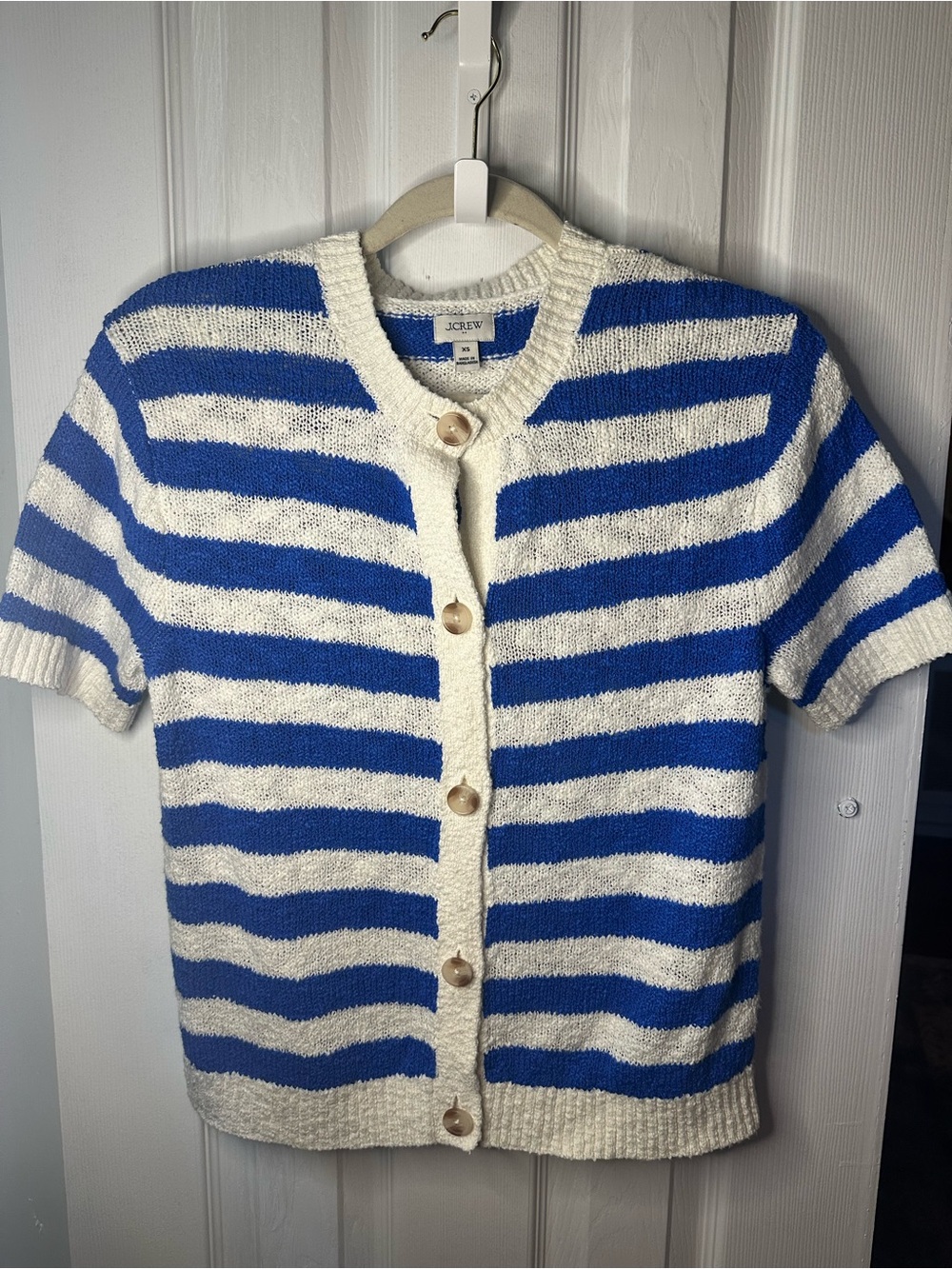 J. Crew Royal Blue and Cream Striped Short-Sleeve Cardigan